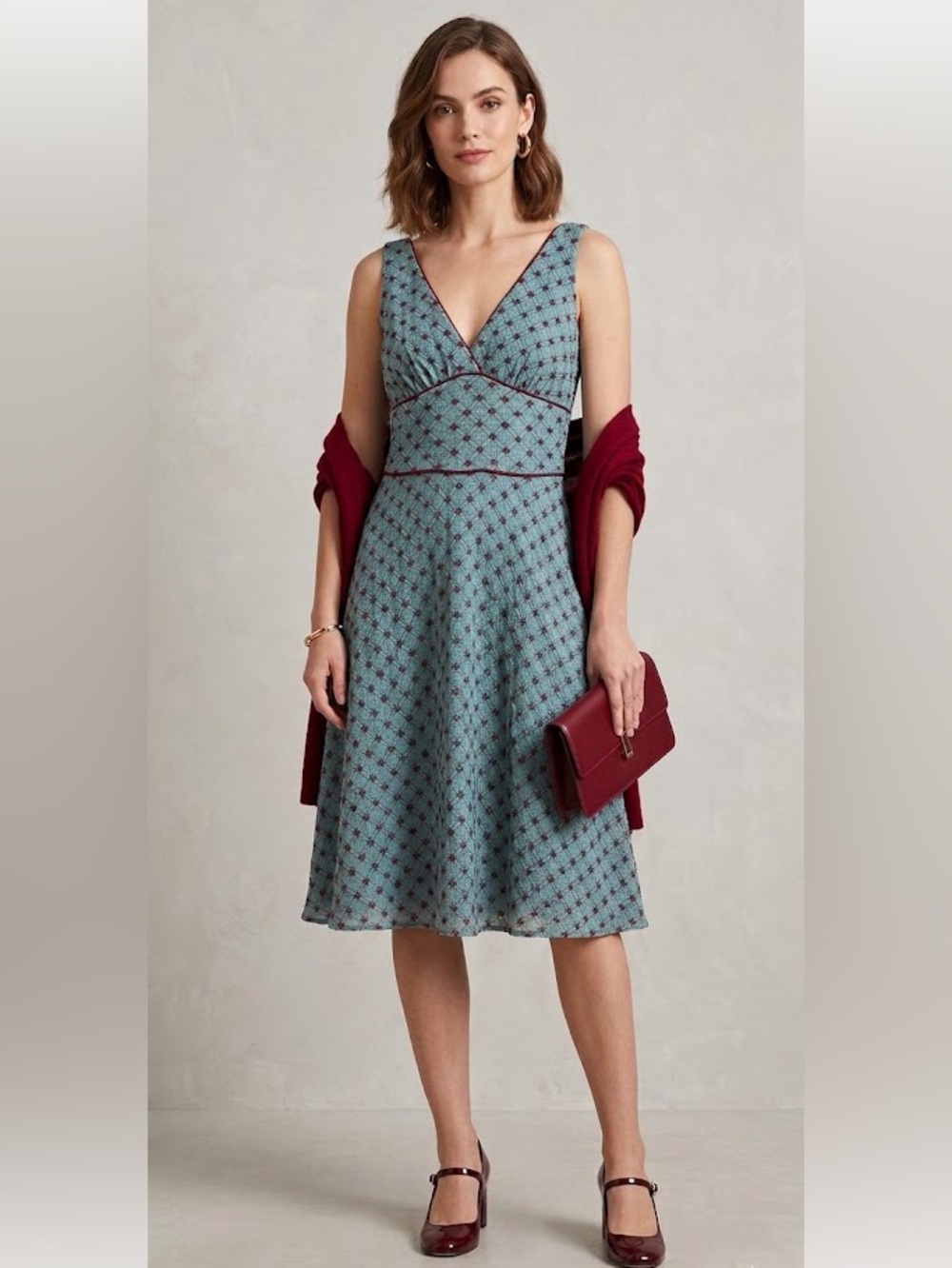 Vintage Bisou Bisou Cottagecore Blue Lattice Midi Dress with Red Accents Size 10